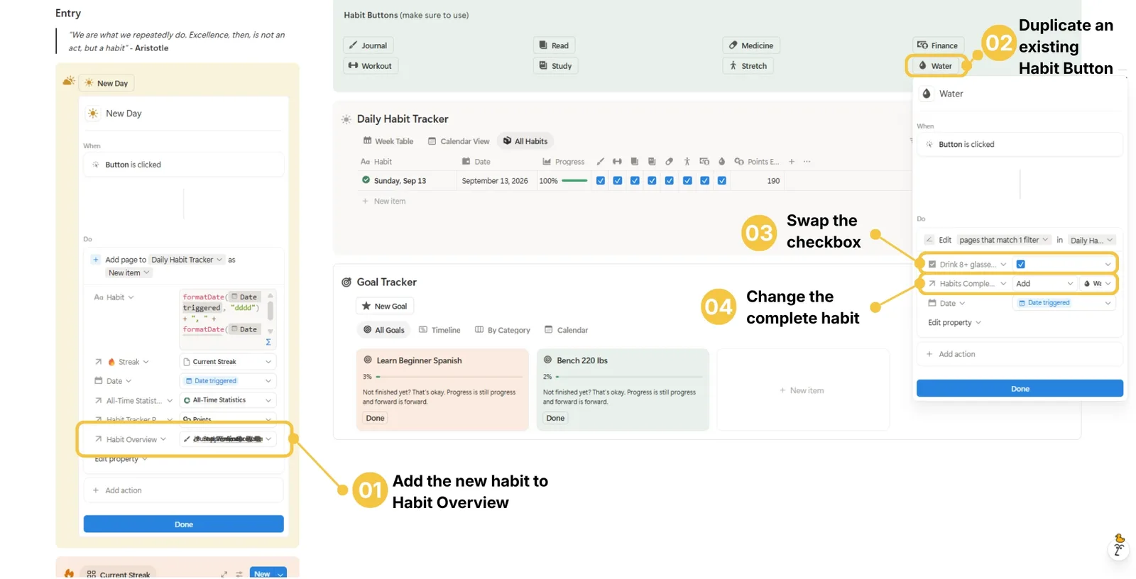 The New Day button's settings in Notion, showing the Habit Overview property that every habit must be added to.